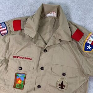 Boy Scouts Of America Uniform Shirt Youth Large Beige Sewn Patches Button Down